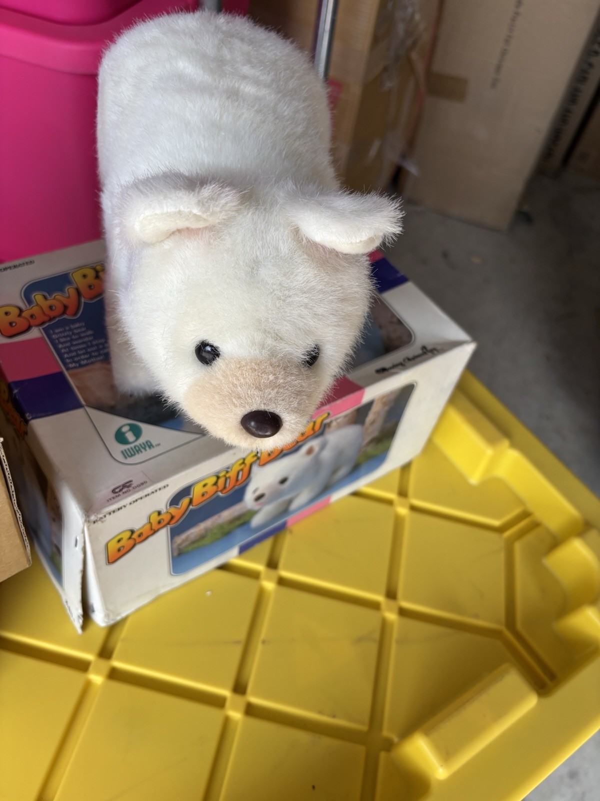 Iwaya Baby Biff Bear Battery Operated White Plush Bear 1987 with Original Box