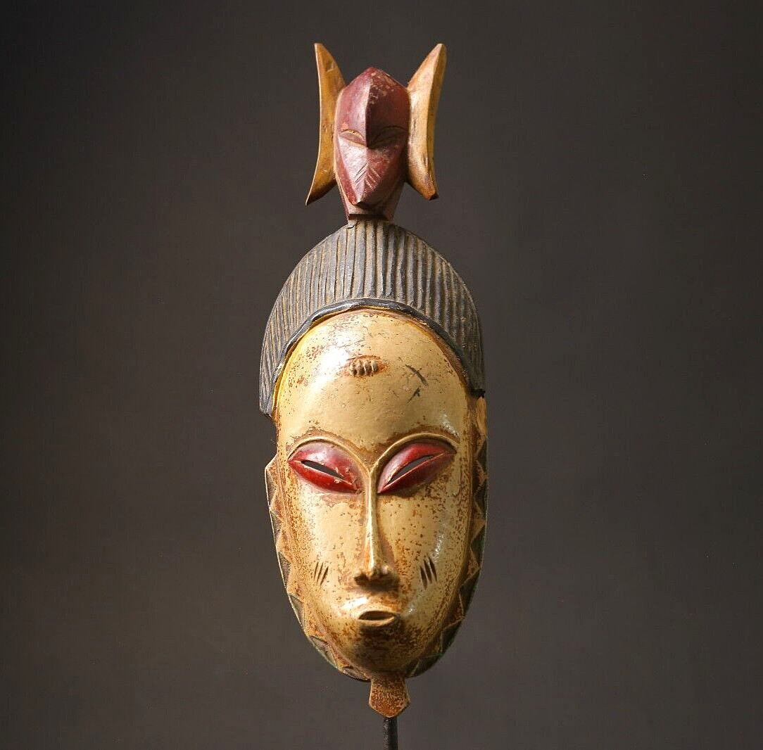 African Wooden Baule Style Mask Hand Carved Wood Ritual Display-7186