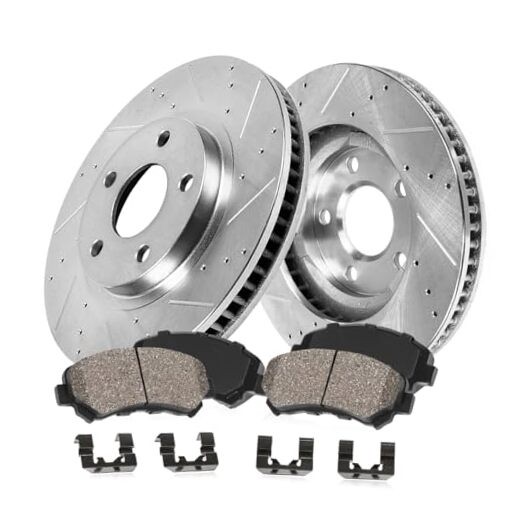  Front Drilled Slotted Brake Disc Rotors and Ceramic Brake Pads + Hardware 