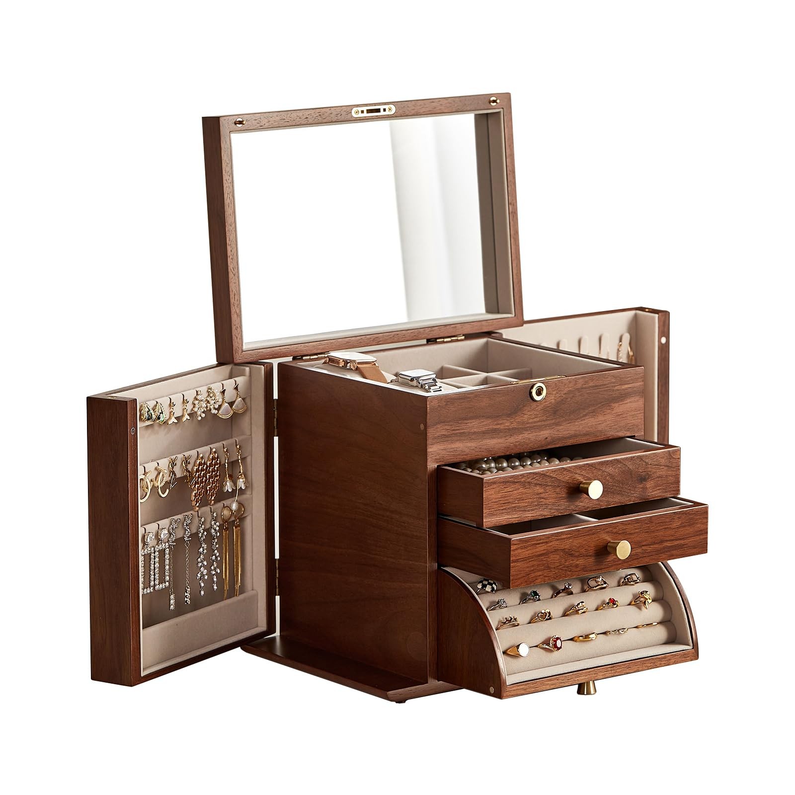CHOSIN 4-Layer Black Walnut Jewelry Box, Lockable, Mirror, Rotating Ring Holder