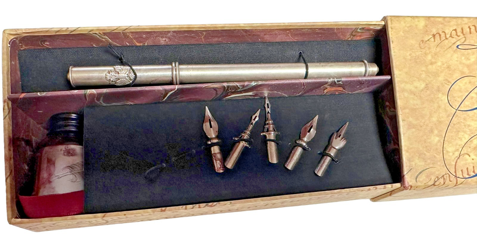 Vintage AM Romanov Calligraphy Set Boxed Silver Stylus Habsburg Crest 5 Nibs