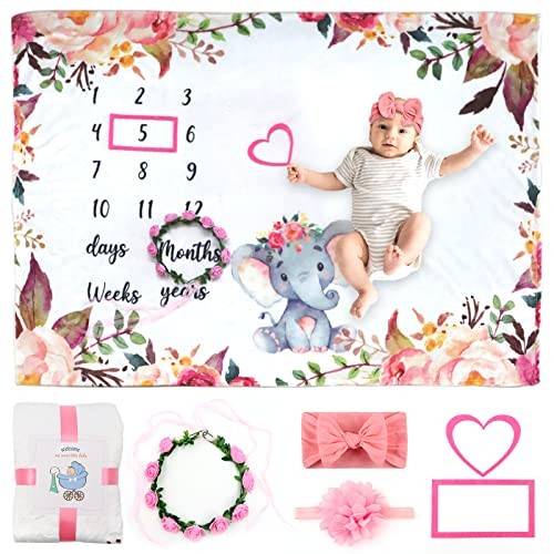  6 PCS Baby Monthly Milestone Blanket Girl, 60''x40''Fleece Monthly Pink