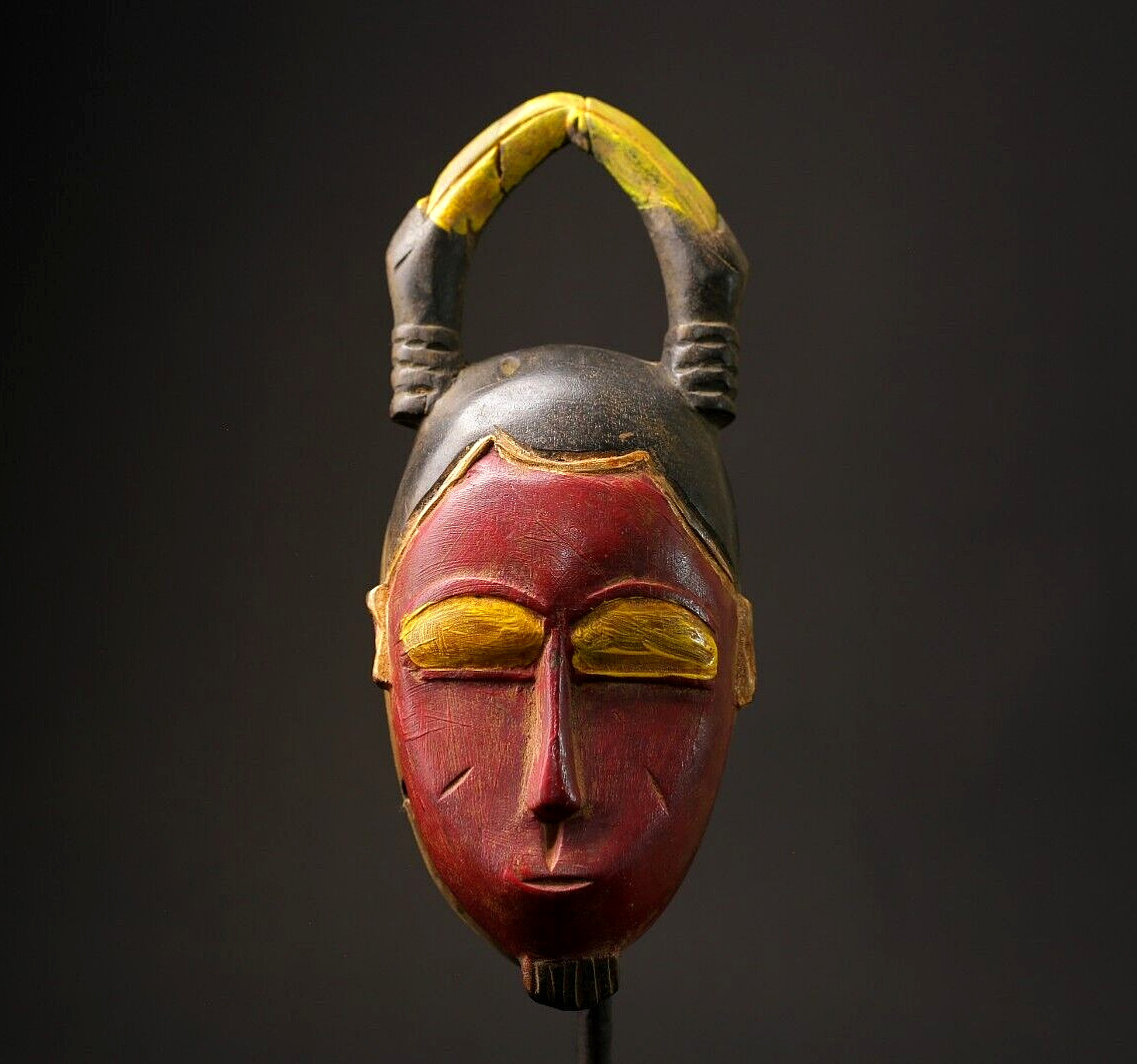 African Tribal Mask Hand-Carved Wood Polychrome Ritual Display Art-8622