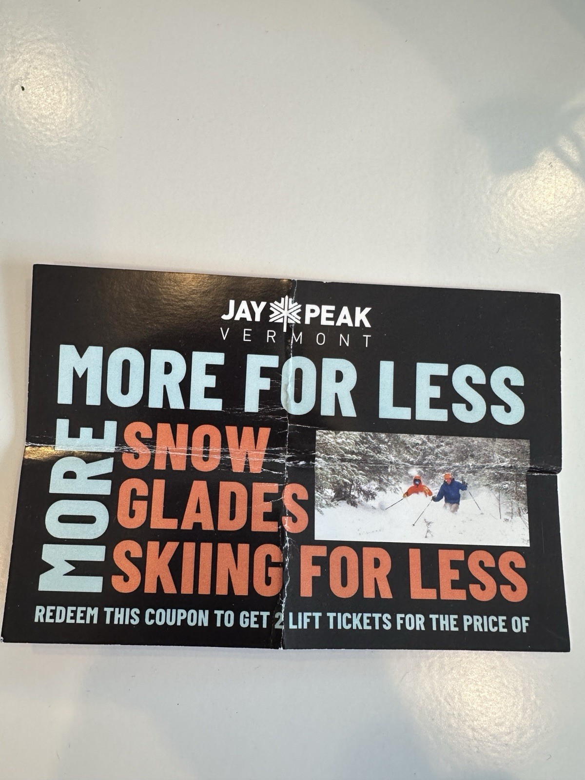 Jay Peak Lift  Ticket. TWO TICKETS FOR THE PRICE OF ONE VOUCHER. SUNDAY – THURS.