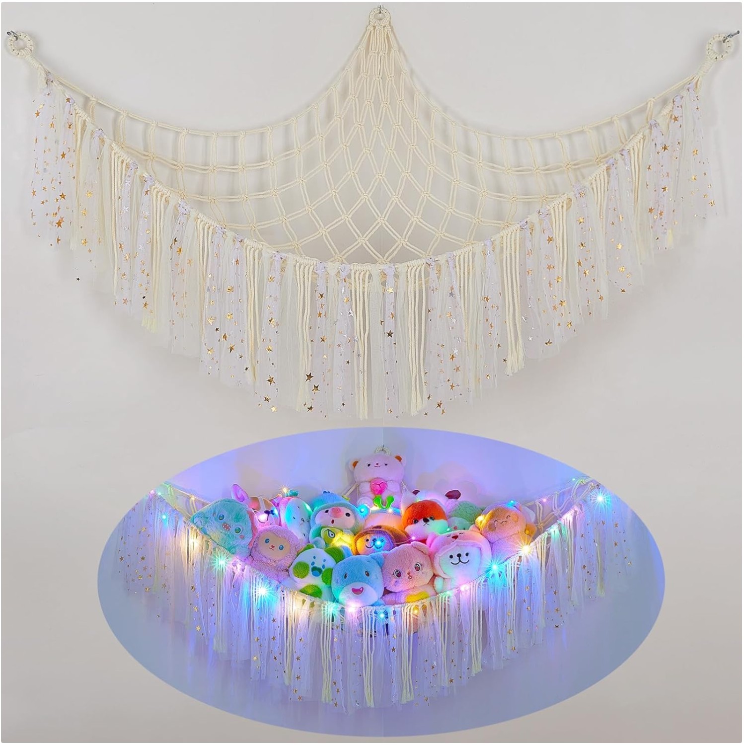 Durable Stuffed Animal Storage Hammock with LED Light - Perfect Nursery Decor