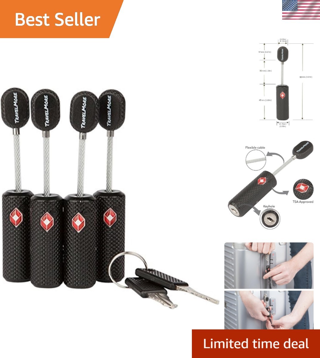 4 Pack TSA Approved Luggage Locks with Keys for Travel – Flexible Ultra Secur...