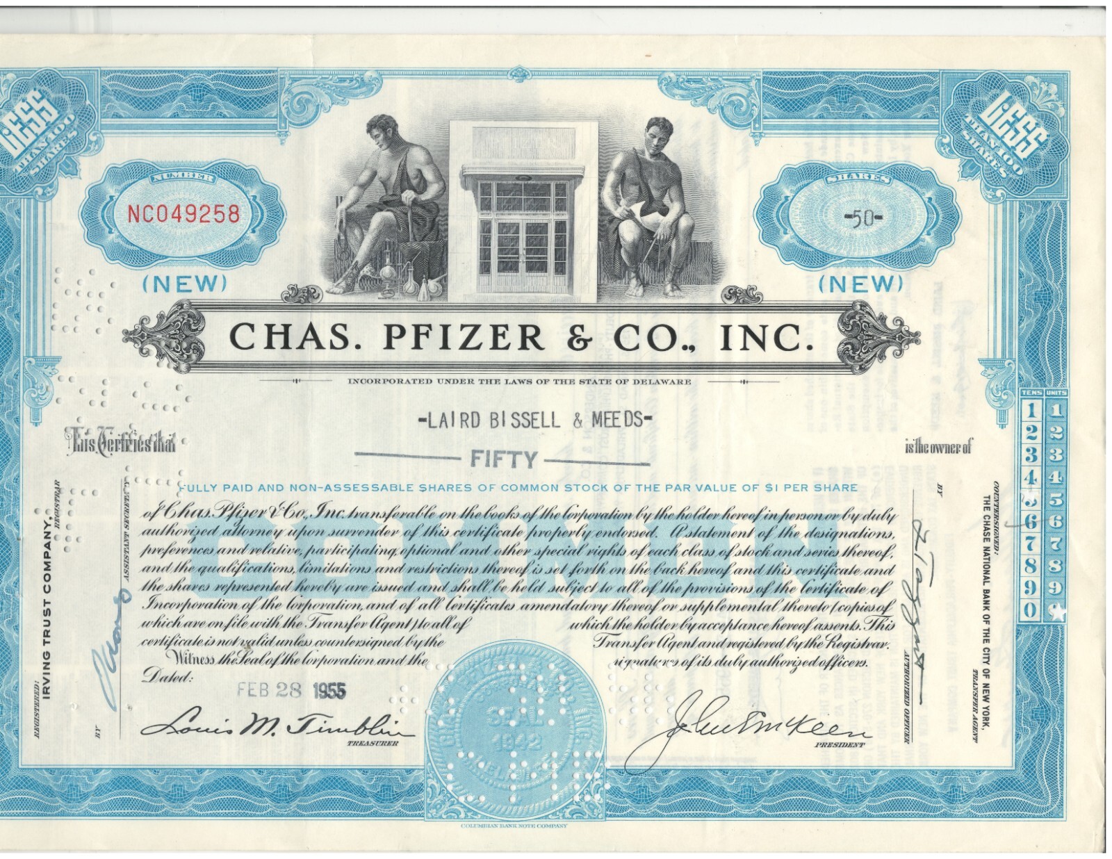 Chas. Pfizer and Co.,Inc. Stock Certificate 1955 Blue 50 Shares