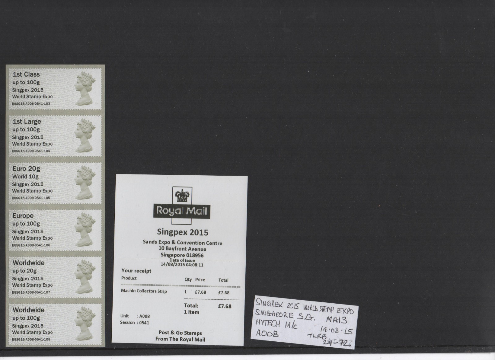 MACHIN Ma13 SINGPEX 2015 B8SG15  AUG 2015 A008 Collector Strip POST GO FV £17.65