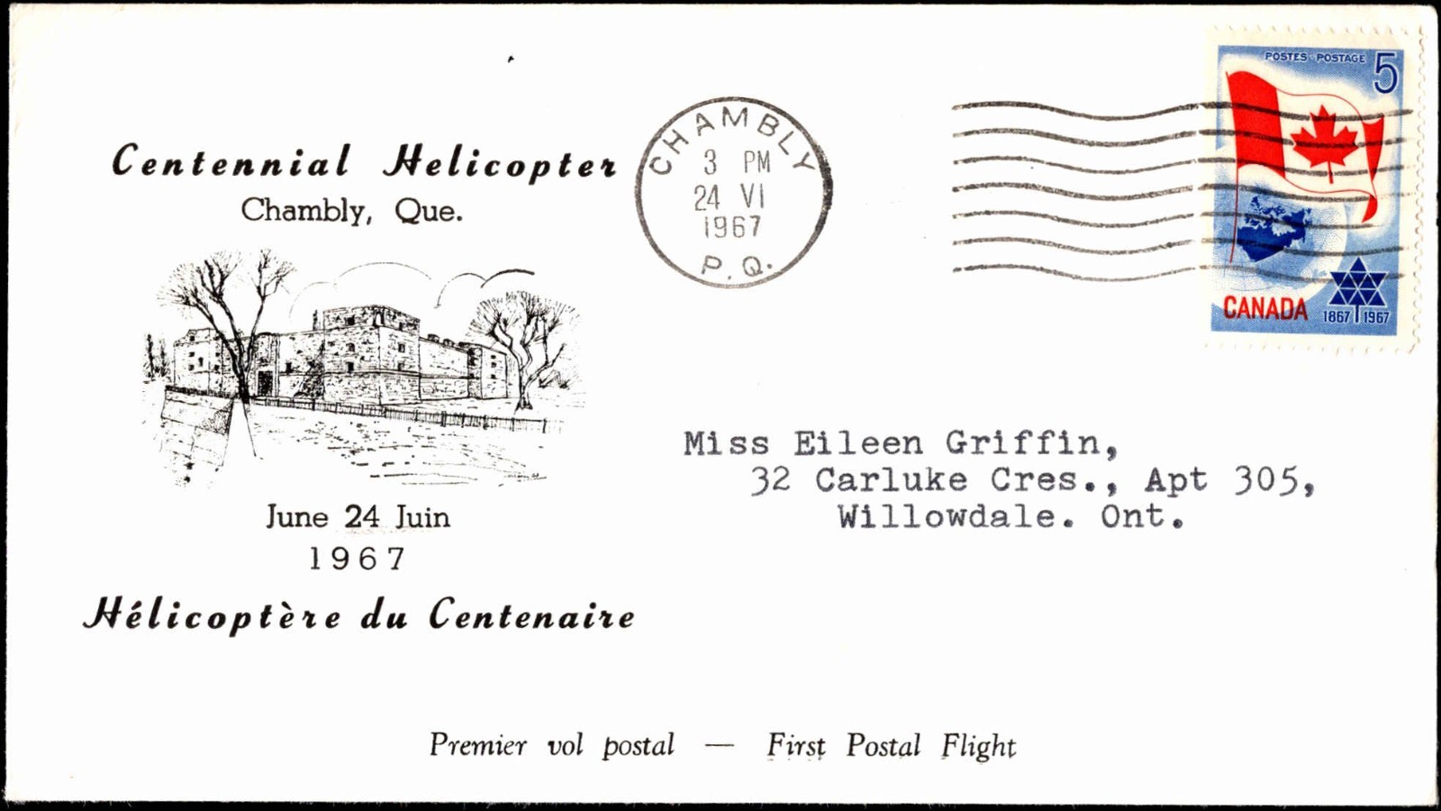 1967 Centennial Helicopter First Postal Flight Chambly Quebec Cover