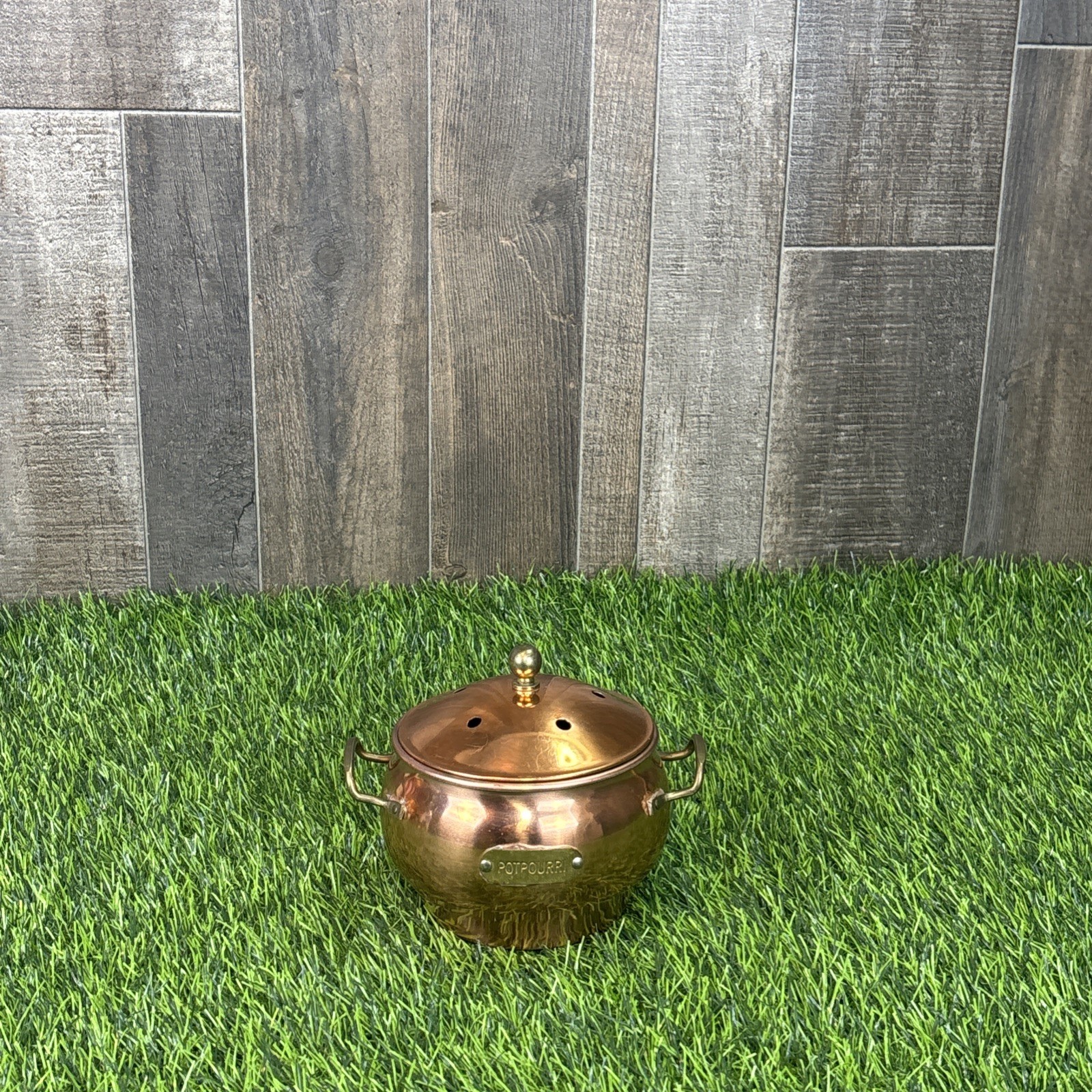 Vintage Copper Potpourri Pot w Lid Brass Handles Rustic Decor