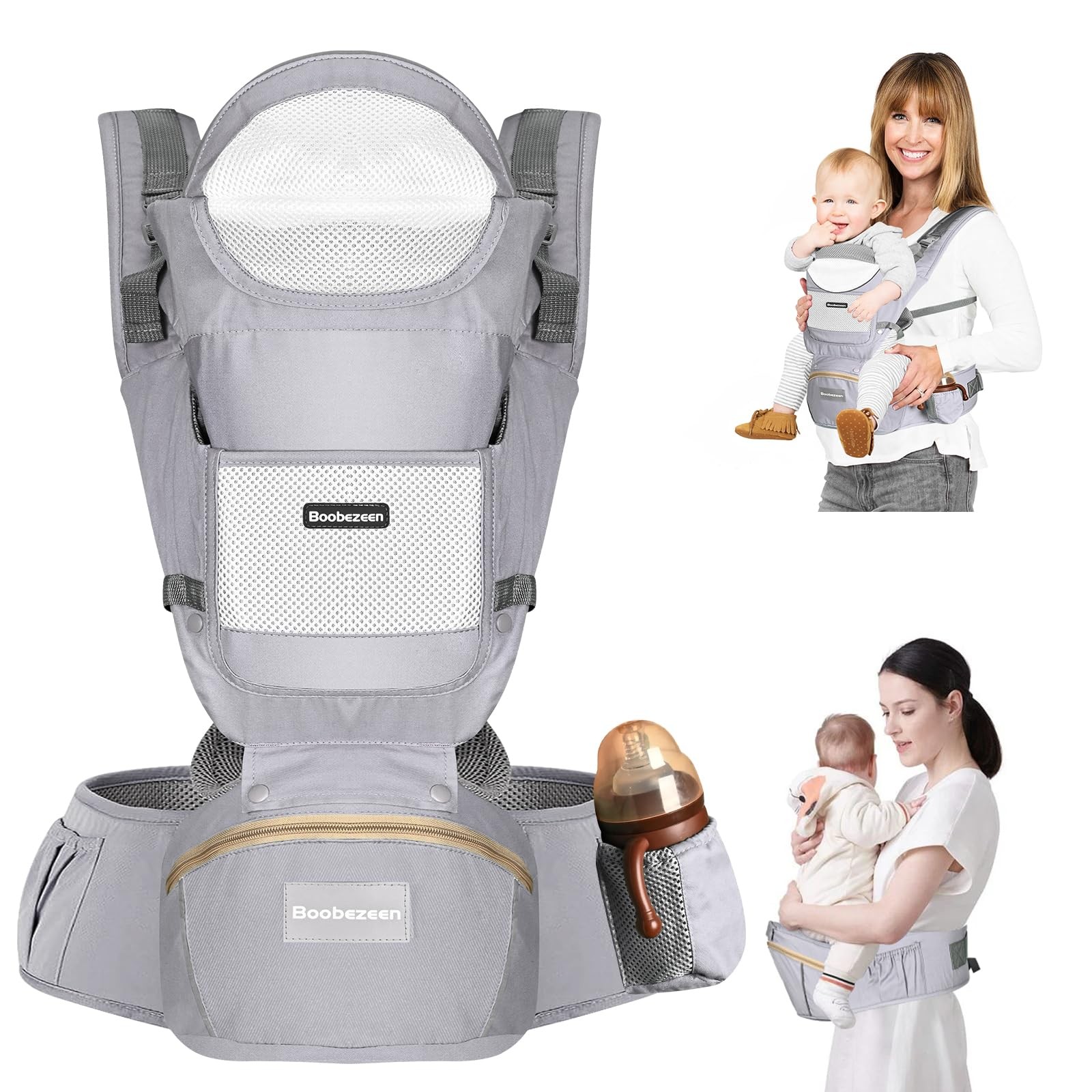 Boobezeen 6-in-1 Baby Carrier w/ Hip Seat, Ergonomic M-Position, Newborn-Toddler