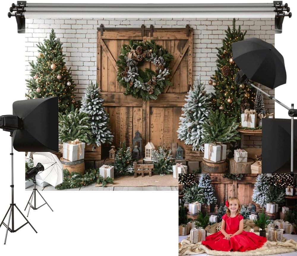 Kate 10x6.5ft/3x2m Christmas Backdrop Brick Wall Brown Wooden Barn Door