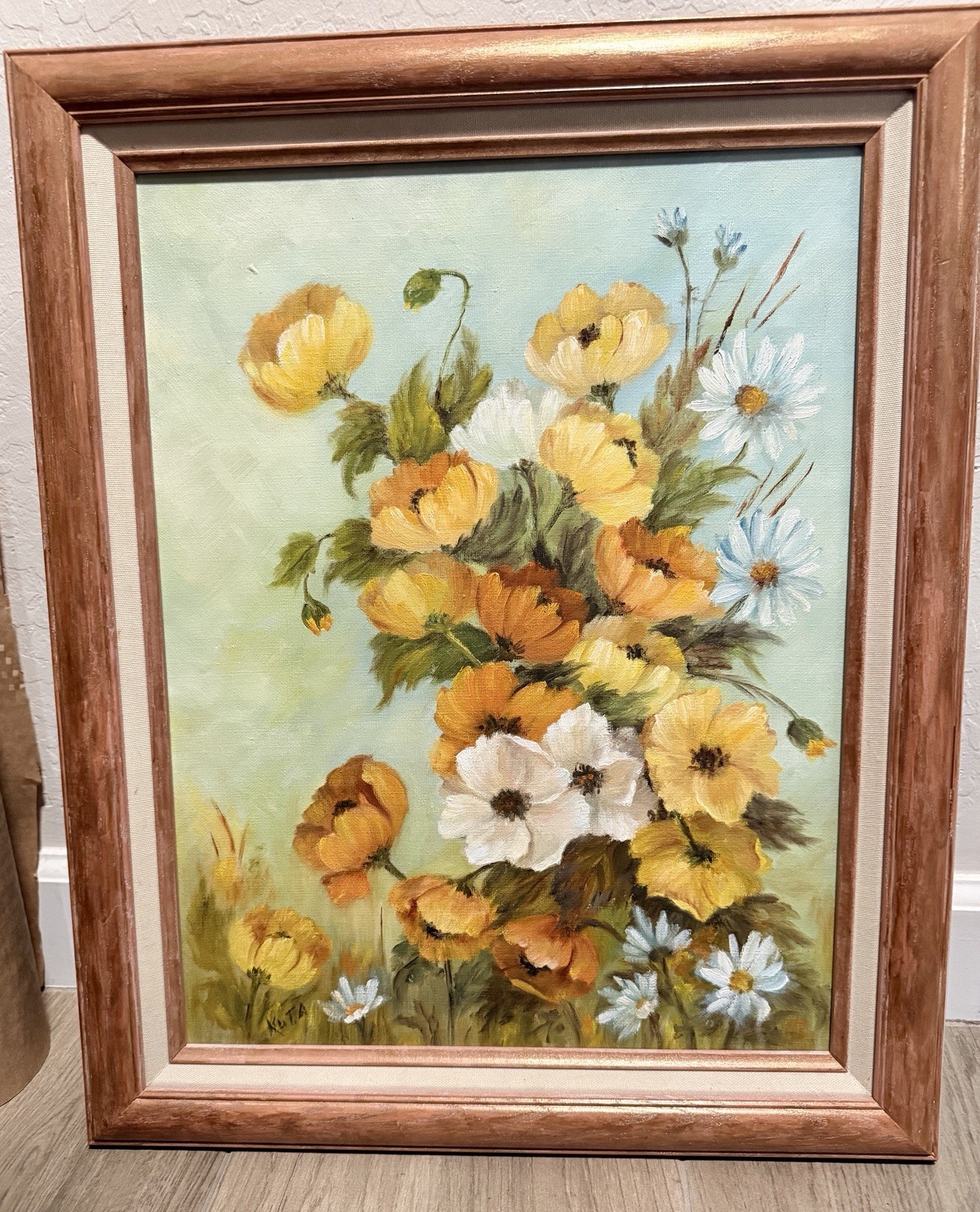 VTG Floral Still Life Oil Painting Yellow Poppies Daisies Signed Framed 18x22