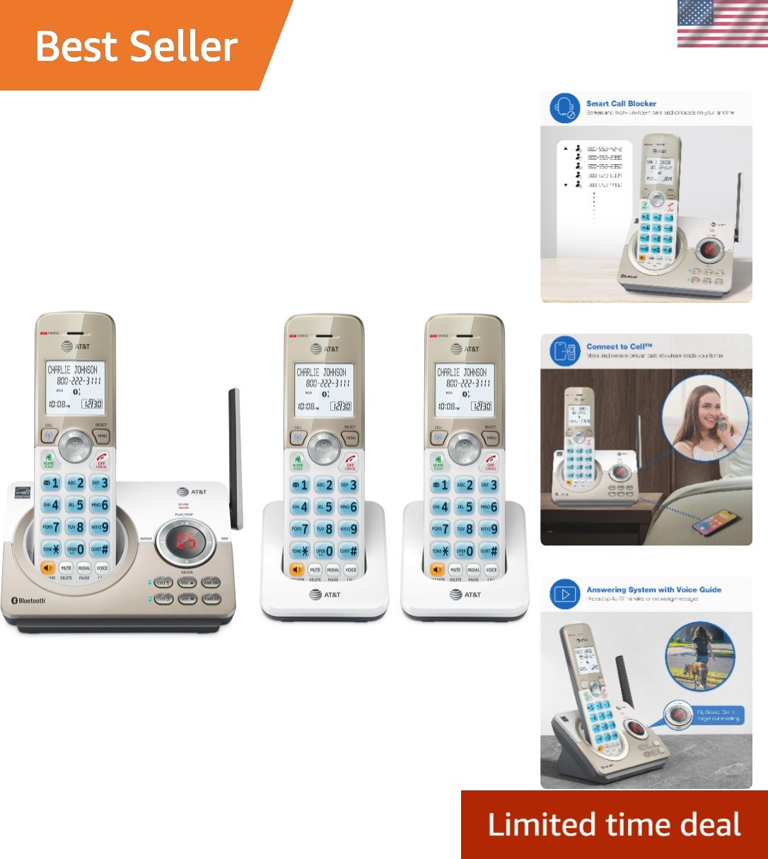 Bluetooth DECT 6.0 Cordless Phone Set with Call Blocking & 1.8" Backlit Screen