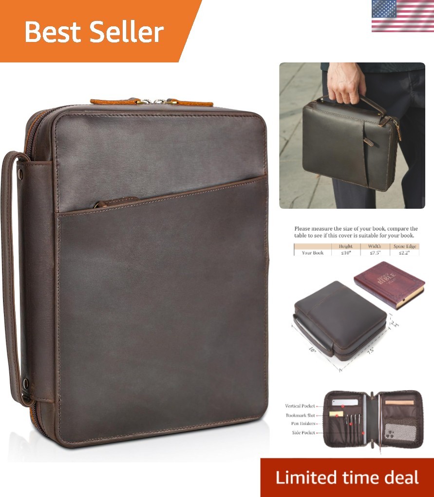 Polare Leather Bible Cover Full Grain Italian for 10x7.5 Inch Books Dark Brown
