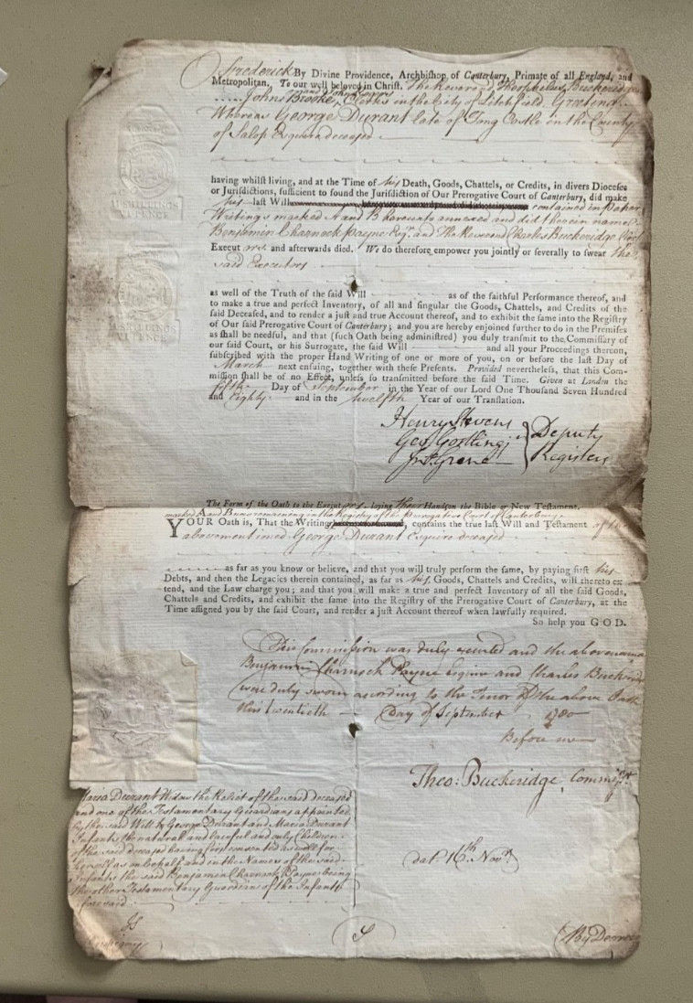 1780 GEORGE DURANT of CASTLE TONG SHROPSHIRE, UK WILL-RELATED VELLUM INDENTURE