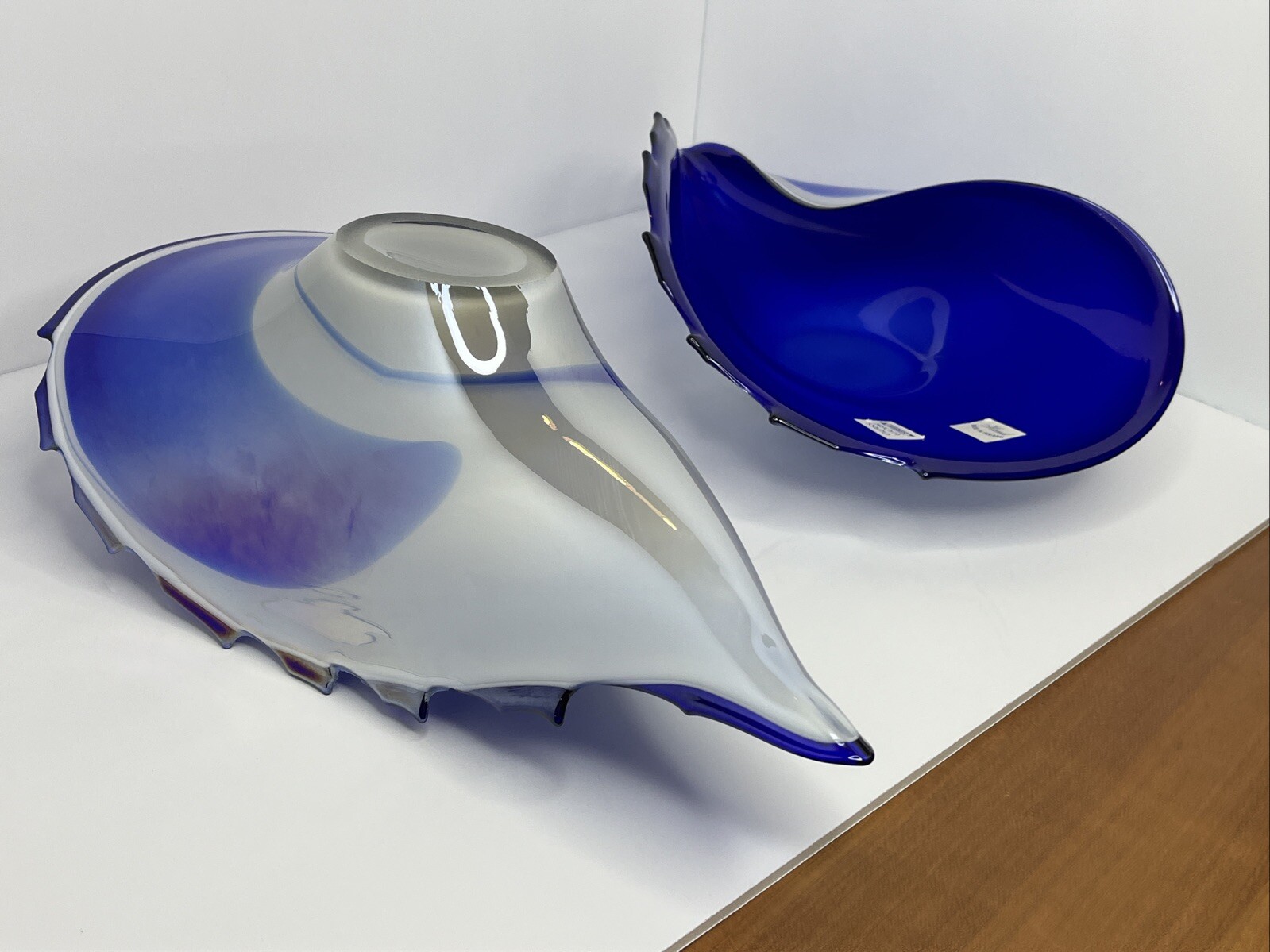 Pair of Hand Blown Glass Art - Galacian made in Poland - Ocean Wave Shell Blue