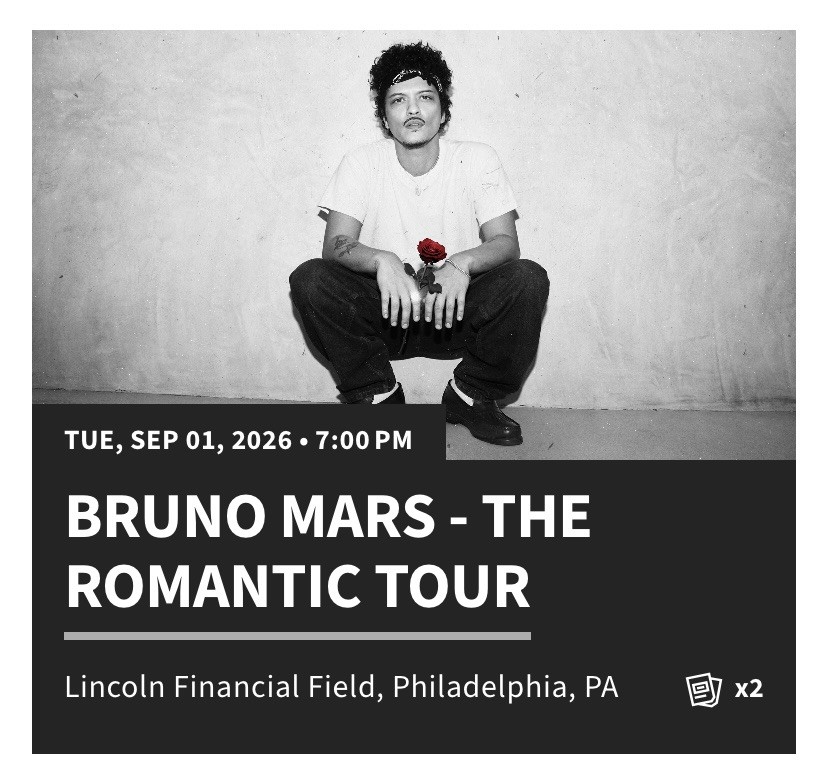 Pair of Bruno Mars tickets- The Romantic Tour - Philadelphia -Mezzanine M14
