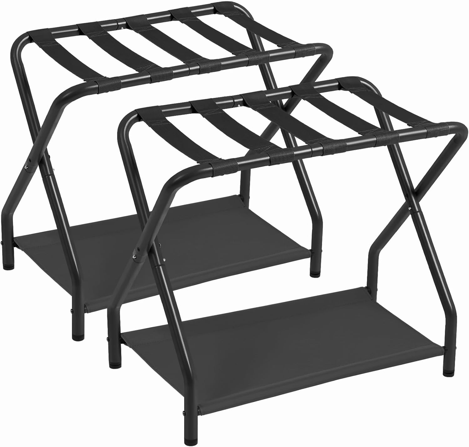 Foldable Luggage Rack Set of 2 - Metal Suitcase Stands with Storage Shelf, Black