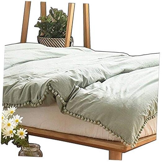 Pom poms Fringe Cotton Duvet Cover Quilt Cover king size duvet cover Sage Green