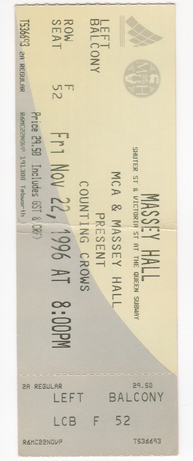 Counting Crows Concert Ticket Stub Massey Hall November 22 1996