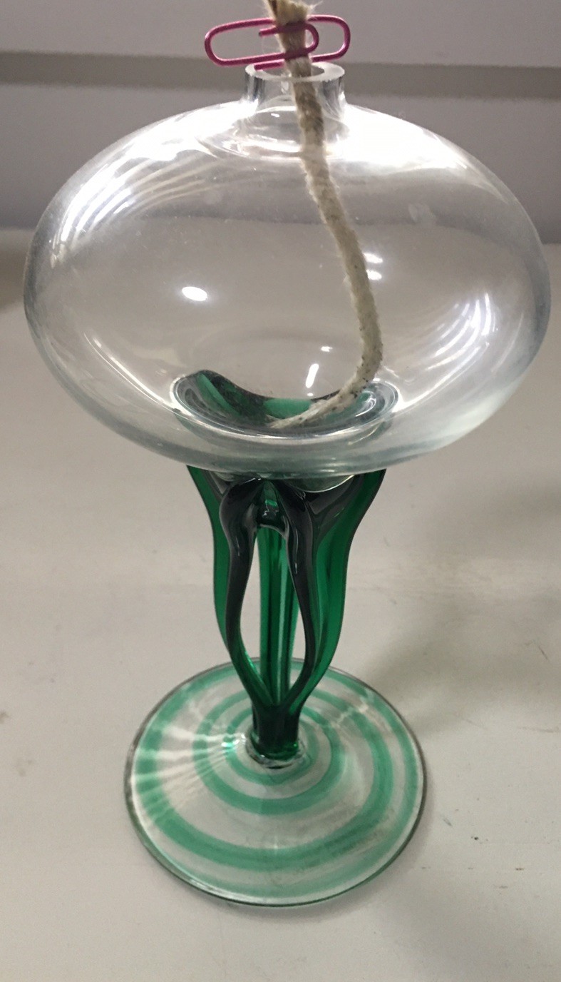Jelly Fish Style Art Glass Oil Lamp Emerald Green & Clear Pedestal Poland