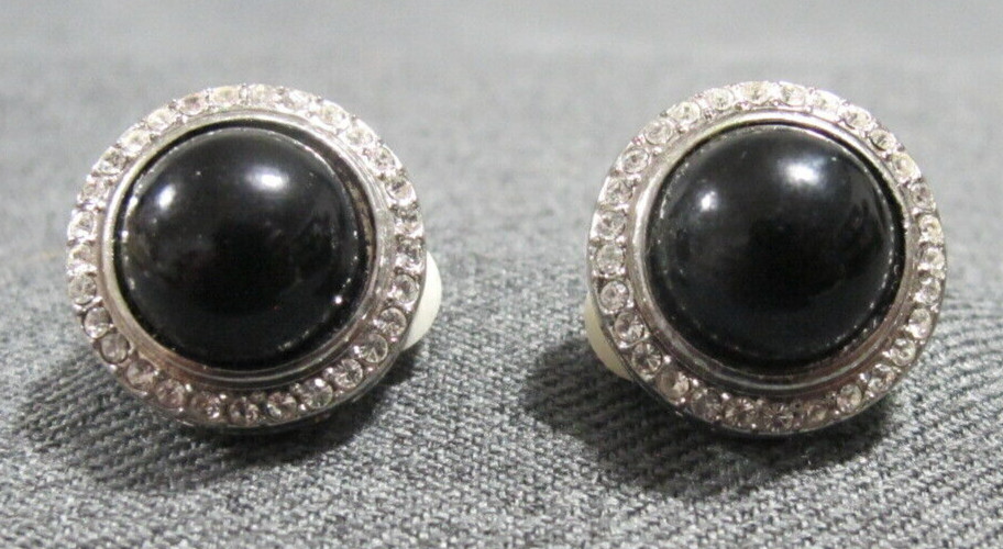  Vintage plastic black cab clear rhinestones silvertone metal earrings