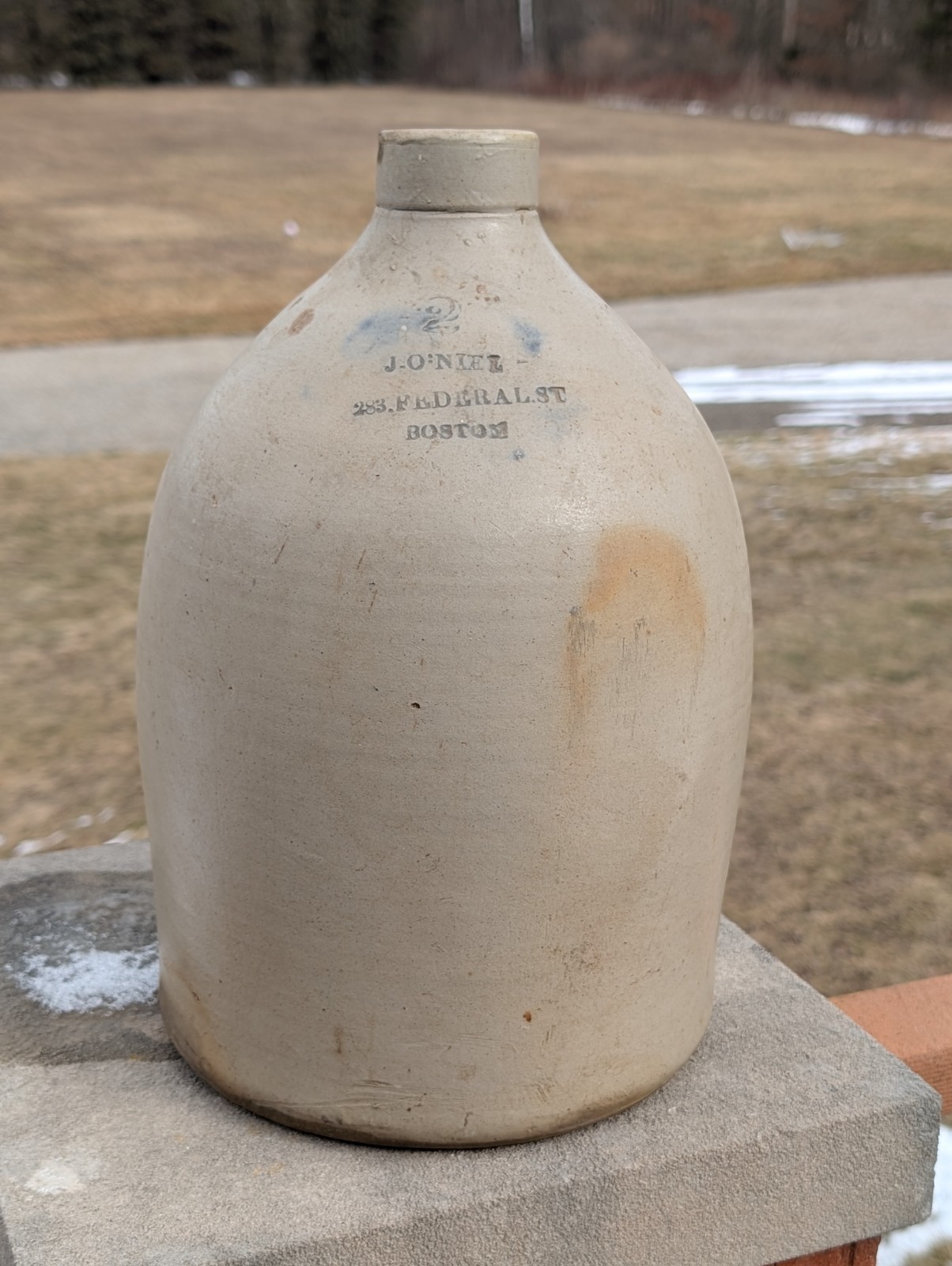 Vintage Advertising Stoneware Jug Stamped J O Niel Boston Massachusetts Mass