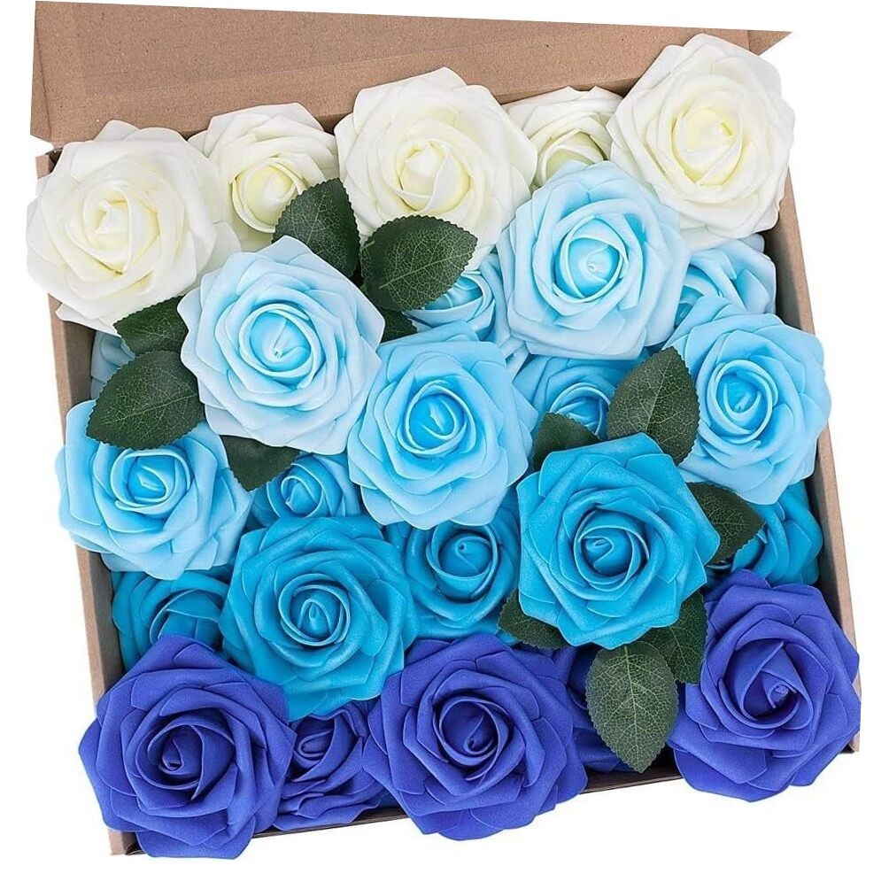  Artificial Flowers Mixed Color Peony Roses Dahlia Fake Flowers Gradient Blue