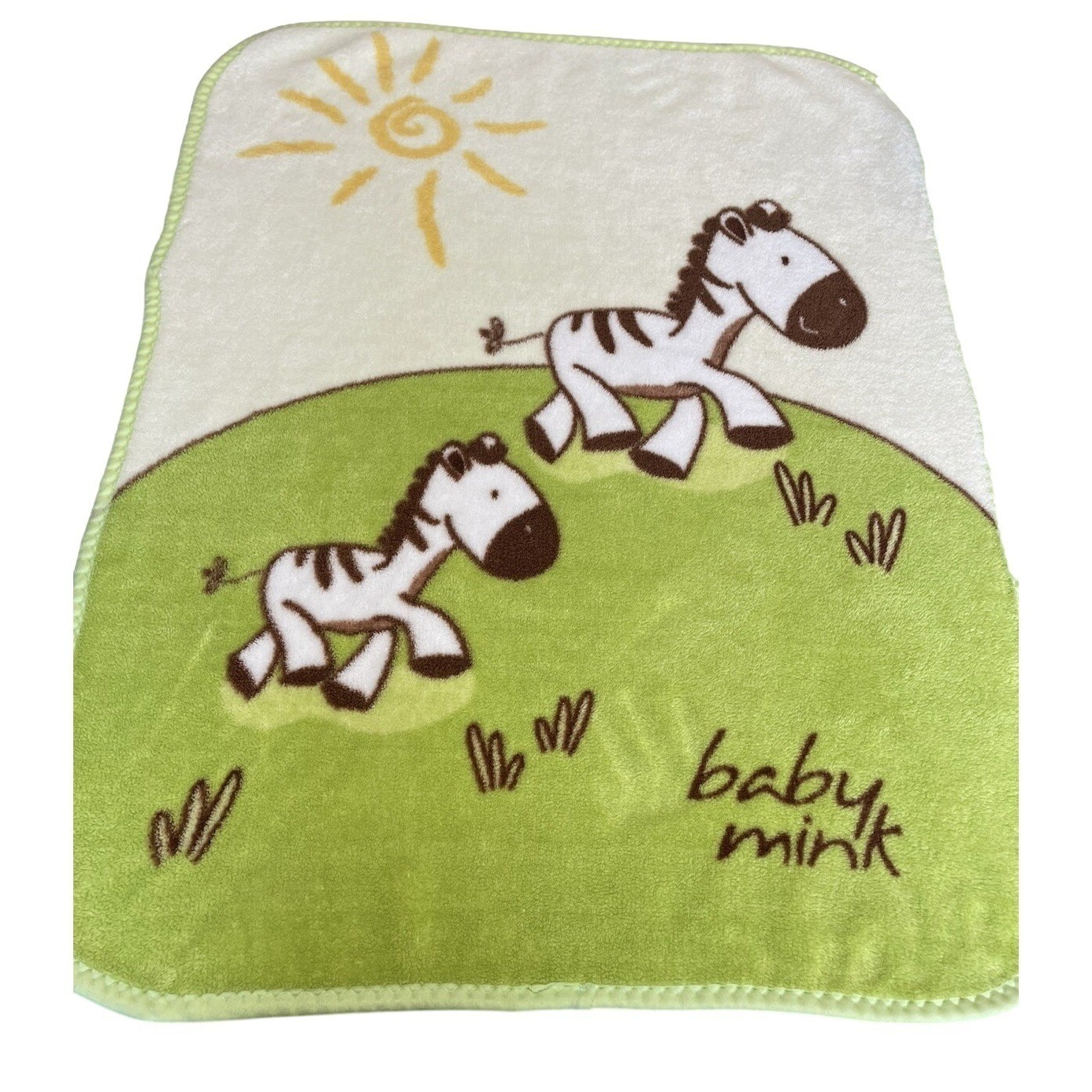 Vintage Mink Baby Blanket Zebra Plush Mexico Green Cream Polyester 32x41