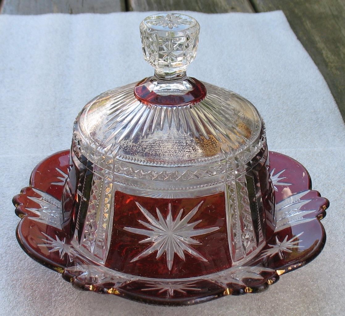 EAPG CLEAR with RUBY STAIN   "STAR in SQUARE"   COVERED BUTTER DISH