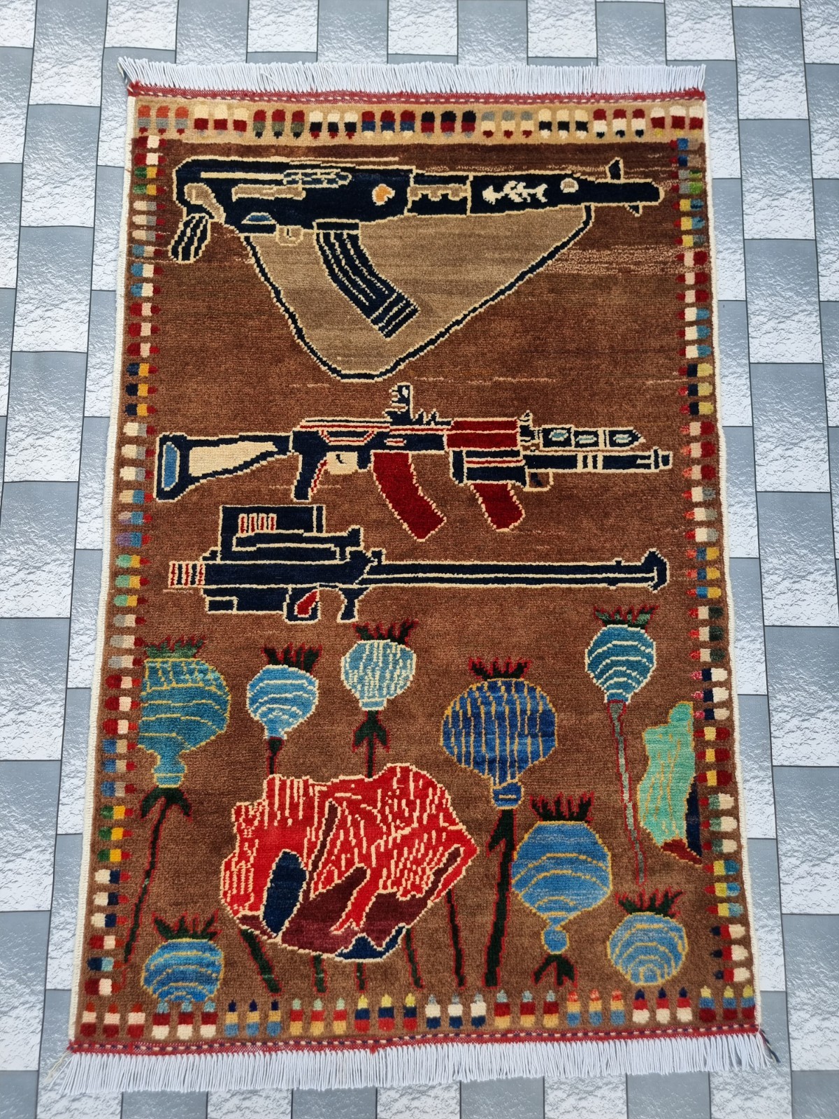 Opium Rug Afghan Handmade Tribal War Rug Baluchi Wool With Knotted Design Rug  