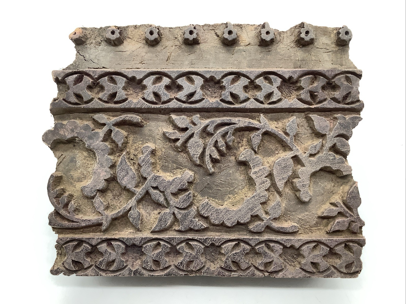 Antique VTG Primitive Wood Floral Pattern Fabric Stamp Printing Block 5.75"x6"