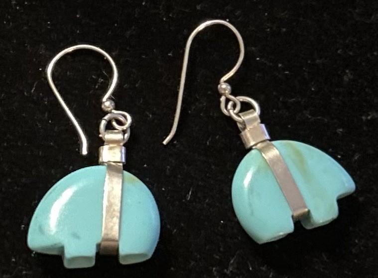 Native American Sterling Silver Bear Shaped Turquoise Earrings