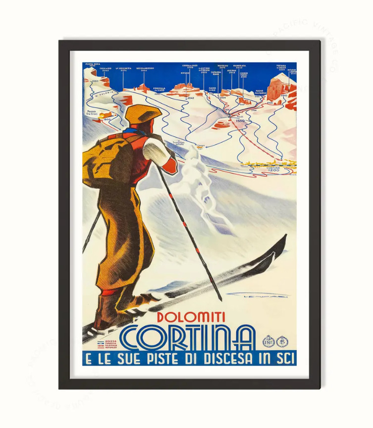 Vintage Cortina Dolomites Ski Poster, Italian Alps Winter Art