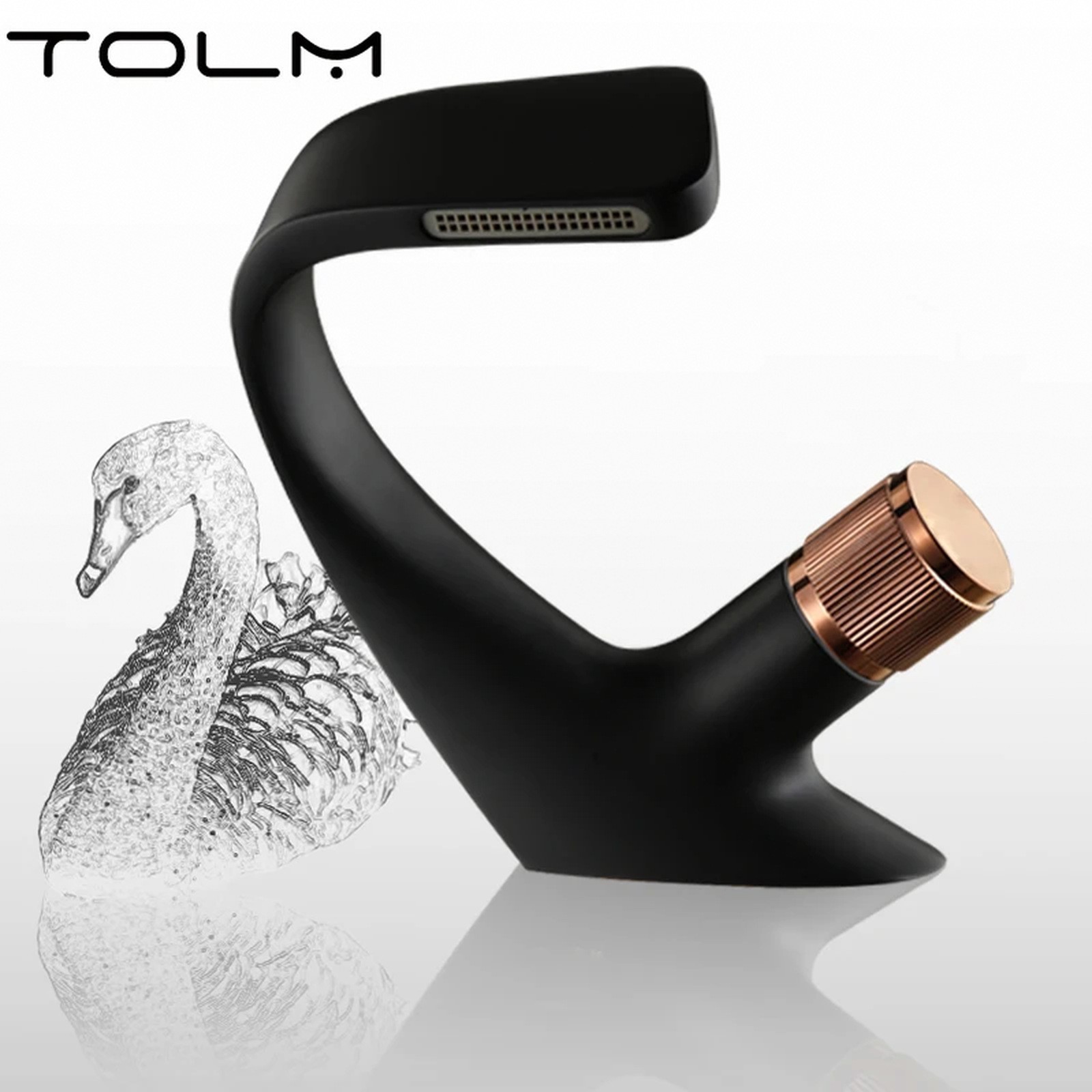 TOLM Black Basin Faucet Waterfall Modern Brass Bathroom Faucet Deck
