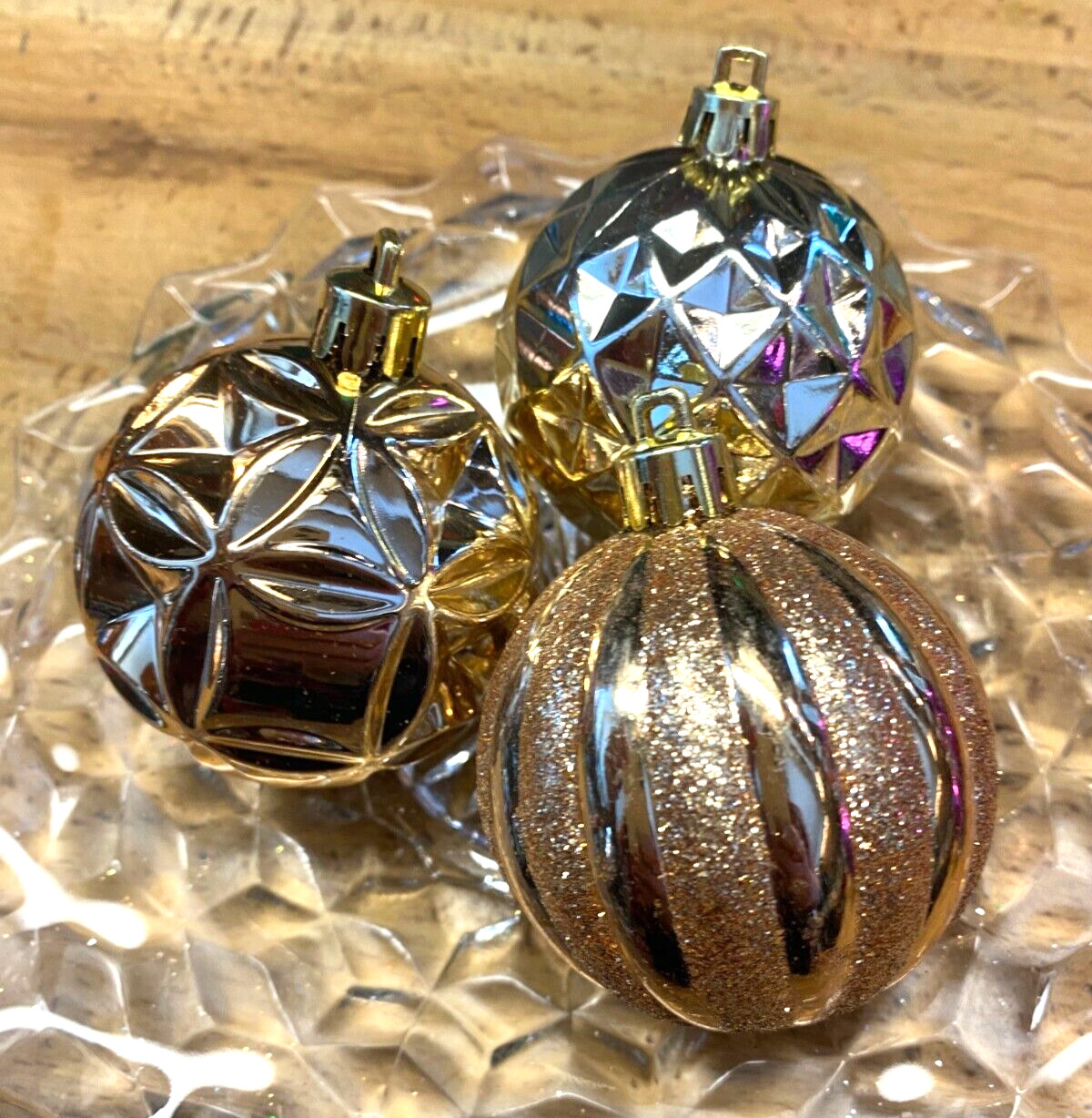 3  Shiny Gold & Glitter Textured Ball Plastic Christmas Ornaments 2"