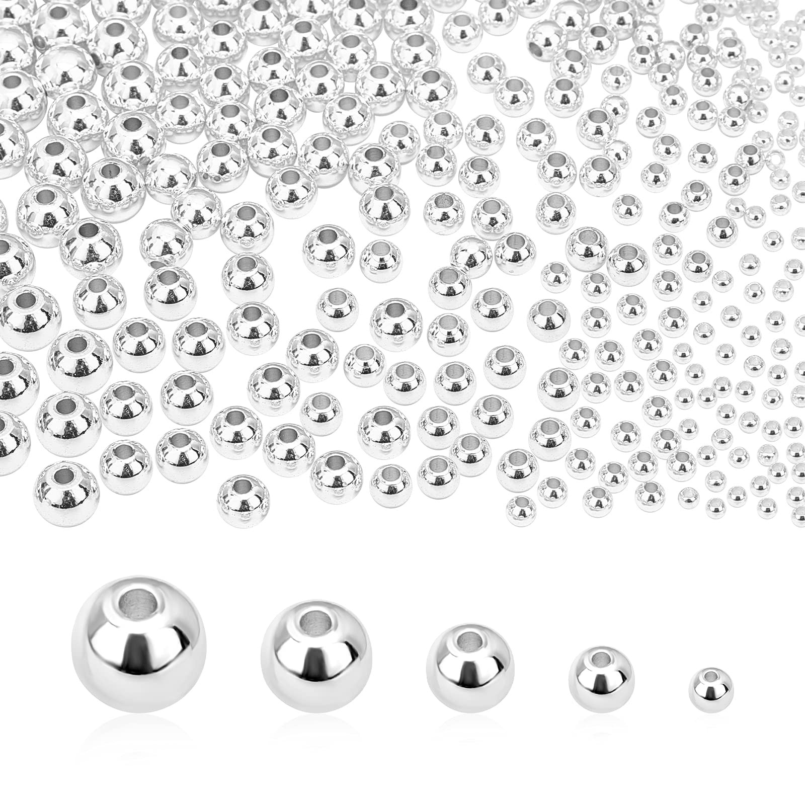 PH PandaHall 5 Sizes Smooth Round Beads, 300pcs 14K 2/3/4/ 5/6mm, Silver 