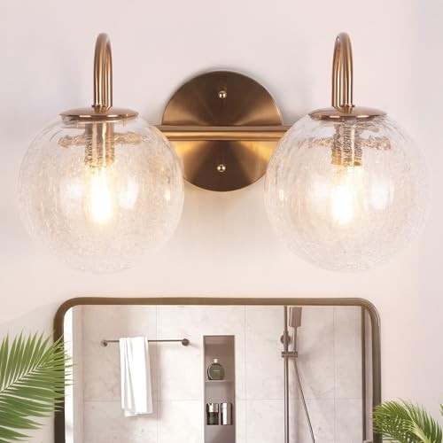 2-Light Bathroom Light Fixtures, Gold Bathroom 2 Light Cracked globe glass