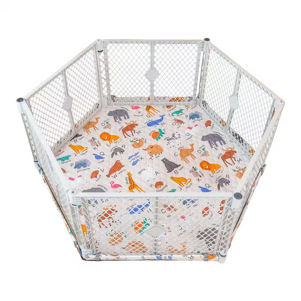 Superyard Nook, 6-Panel Light Gray Playard with Animal ABC Securemat Playmat