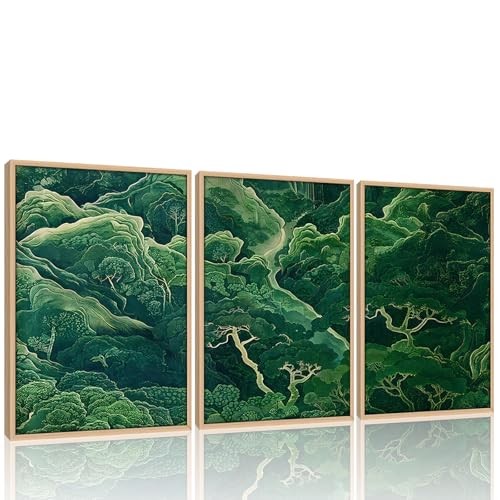 Framed 3Pcs Sage Green Japanese Forest Wall Art 12x16 Inches Green Forest