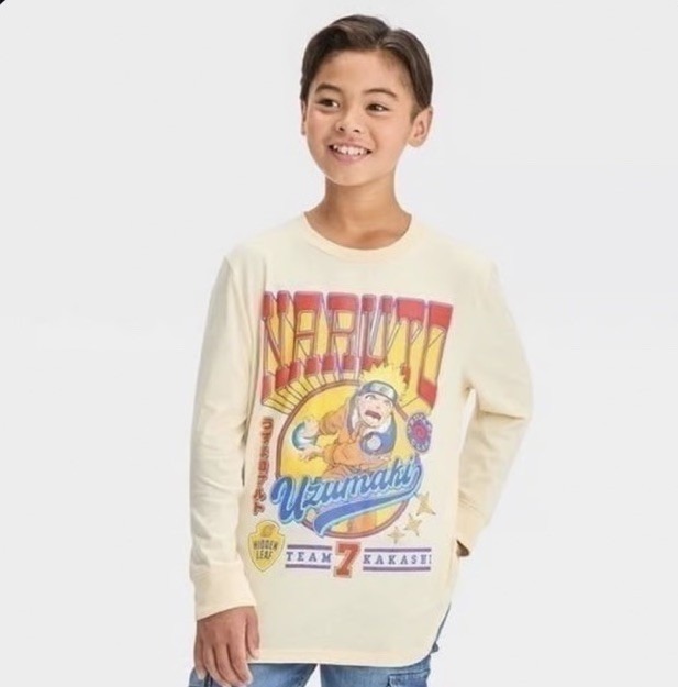 Naruto T-Shirt Boy’s M Medium Crewneck Long Sleeve Graphic Tee Ivory Shirt New