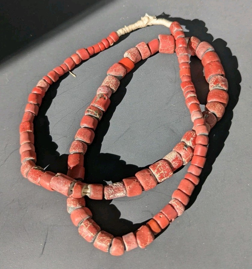 Vintage Red Green Heart Venetian Trade Beads - Nice Strand, Tapered Strand 