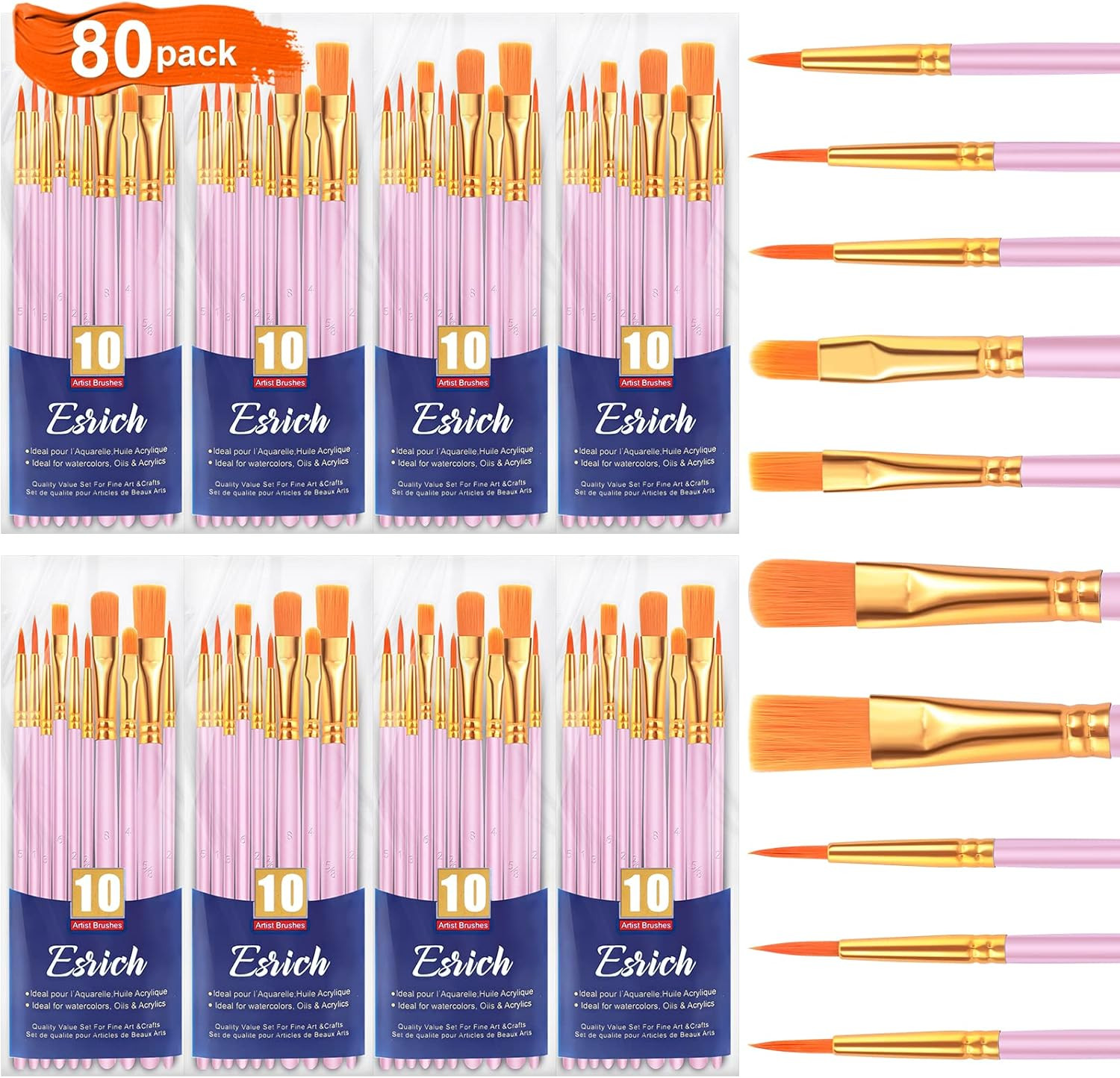 Acrylic Paint Brushes Set, 8Packs /80 Pcs, Nylon Brush Head, Suitable for Acryli
