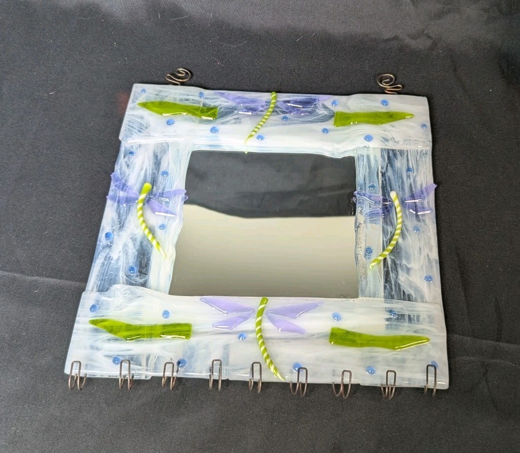 Vintage Faith Wickey Fused Glass Dragonfly Hanging Mirror And Jewelry Holder