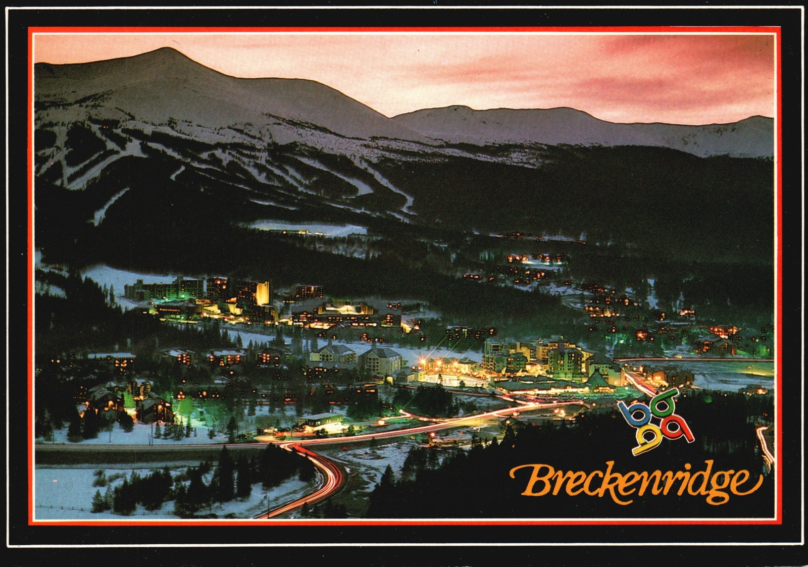 Postcard Buildings and Mountains By Night Breckenridge Colorado CO Flatiron Pub.
