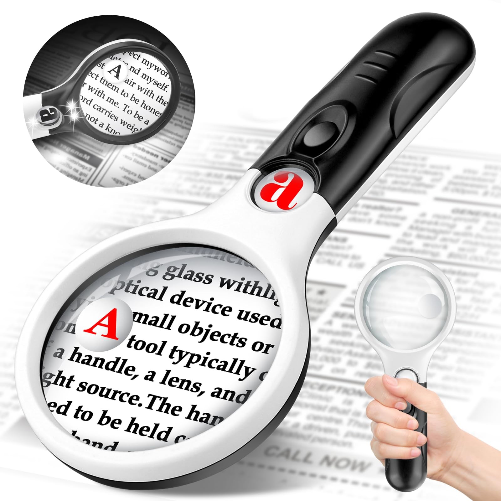 Compact Magnifying Glass with Lights,45X 10X 5X Black Handle&white Frame 