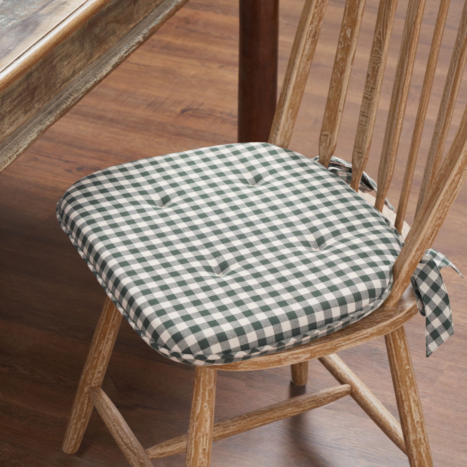 Deep Moss Green Creme Gingham Check County Cushioned Country Home Chair Pad