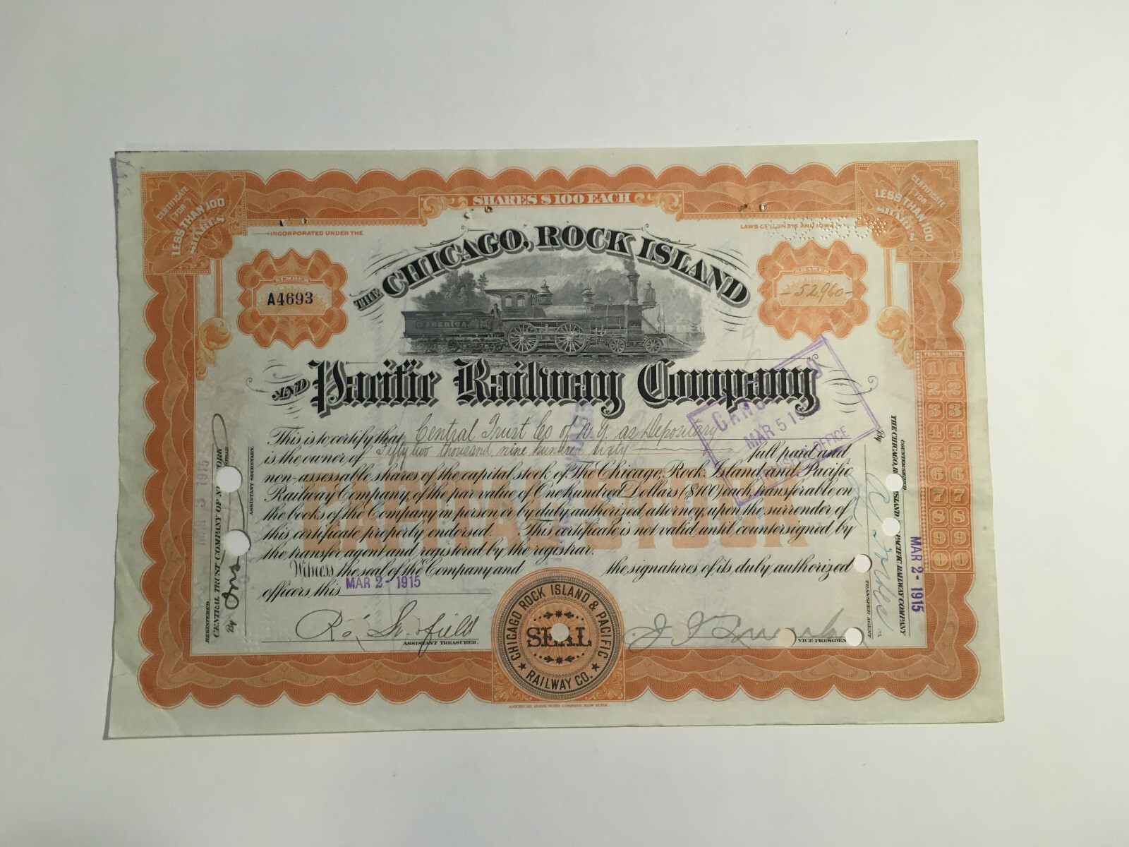 52960 SHARES CRI PACIFIC STOCK CERTIFICATE RAILROAD RAILWAY MUCHO REVENUE STAMPS