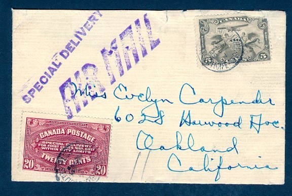 CANADA #C1 #E2 SPECIAL DELIVERY AIRMAIL VANCOUVER BC 1929 TO USA